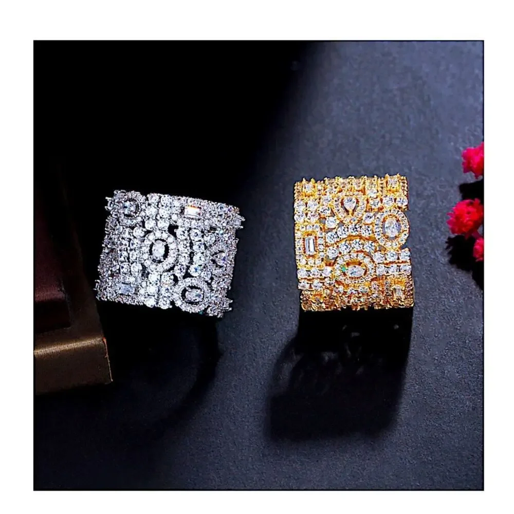 White Gold Plated Zircon Ring, Adjustable, Wide Band, Statement Jewelry